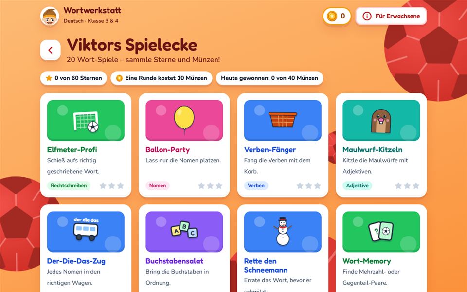 Spielecke der Wortwerkstatt mit 20 Wort-Spielen