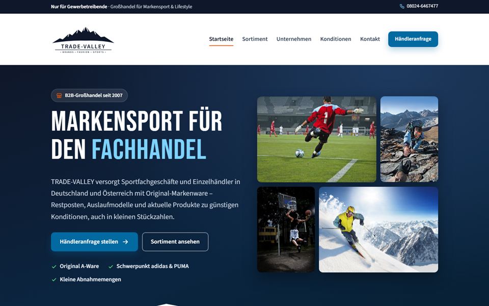 Startseite von TRADE-VALLEY mit Sportfotos und dem Titel „Markensport für den Fachhandel“
