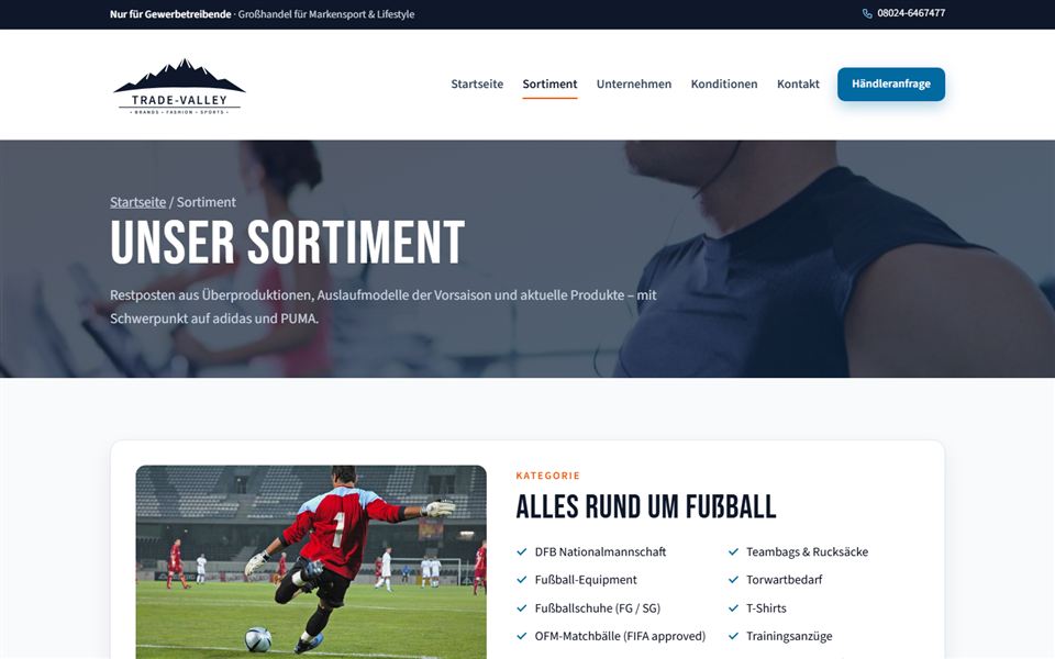 Sortimentsseite von TRADE-VALLEY mit der Kategorie Fußball