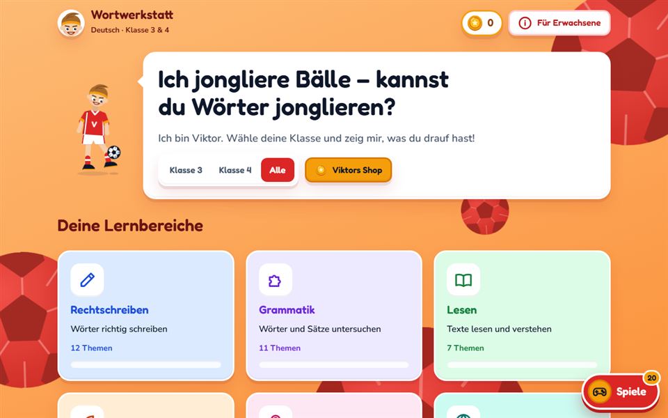 Startseite der Wortwerkstatt mit dem Fußballer Viktor und den Lernbereichen